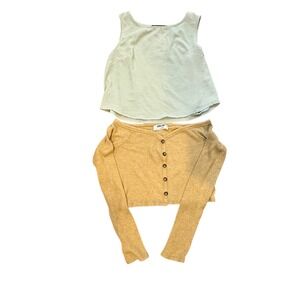 Double Zero Ribbed Cardigan & Reylamp Tank Top Bundle Yellow Green Womens Large